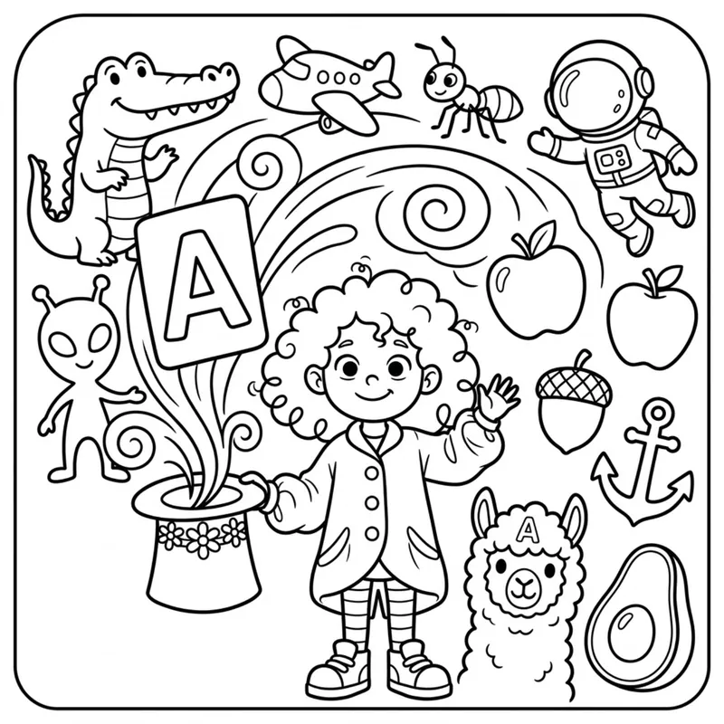 Coloring page: Tilly pulls a big letter A card out of her top hat, surrounded by an alligator, an airplane, an ant, an astronaut, an alien, apples, an acorn, an anchor, an alpaca and an avocado.