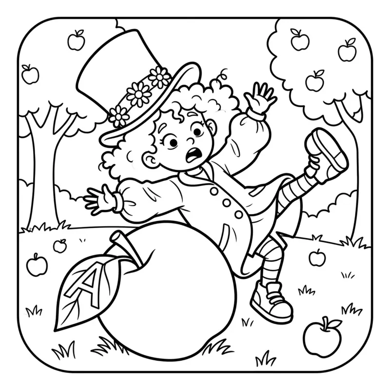 Coloring page: Tilly trips over a giant apple. A letter A is hidden in the apple's leaf, circled in red.