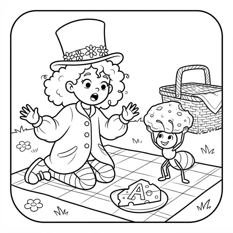Coloring page: a super-strong ant lifts a muffin at a picnic while a surprised Tilly watches. A letter A is hidden on a slice of cheese.