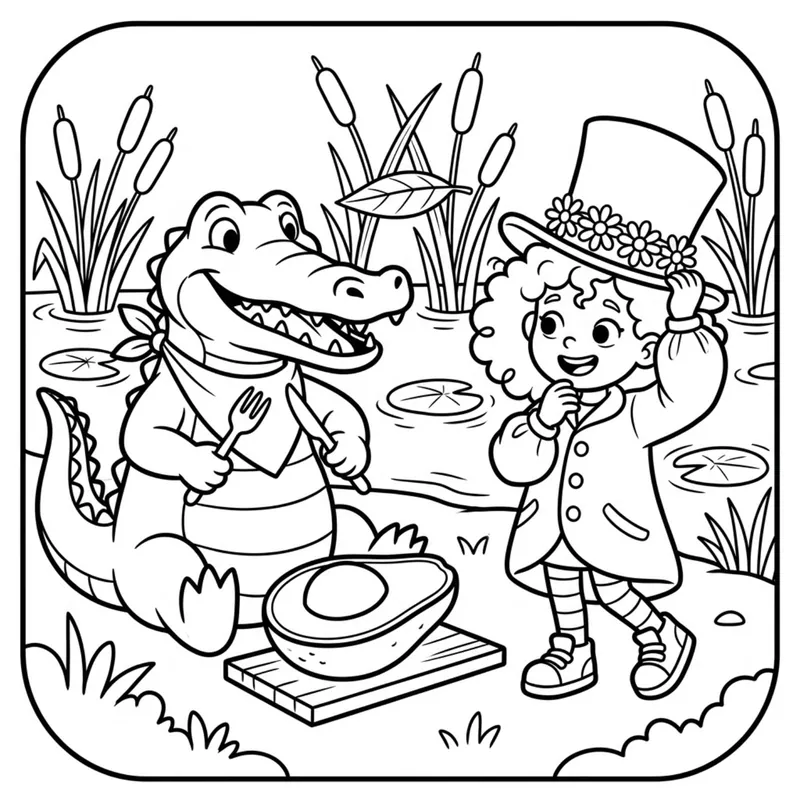 Coloring page: a smiling alligator in a bib gets ready to eat an avocado by the pond while Tilly tips her hat.