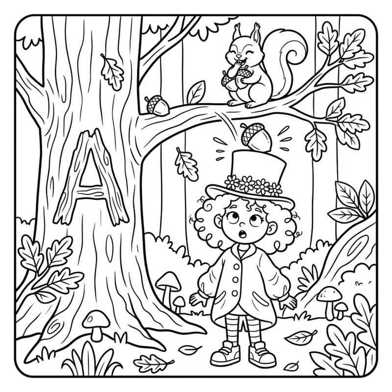 Coloring page: an acorn bonks Tilly on the head under an oak tree as a squirrel giggles. A letter A is carved in the tree trunk.