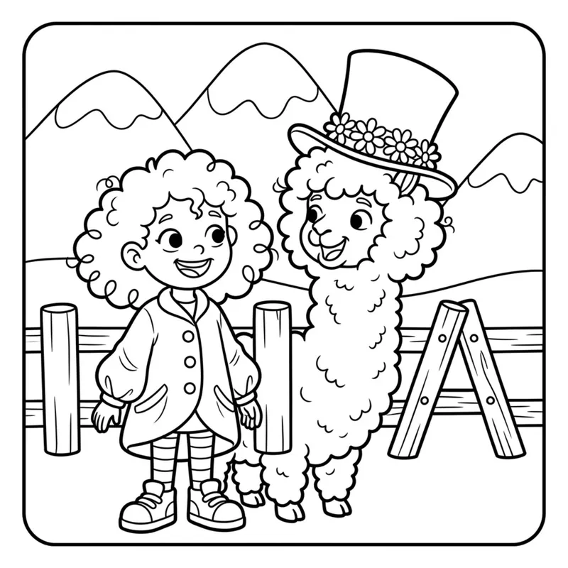 Coloring page: Tilly stands next to an alpaca with the very same curly hair, wearing Tilly's top hat. The fence makes a letter A.