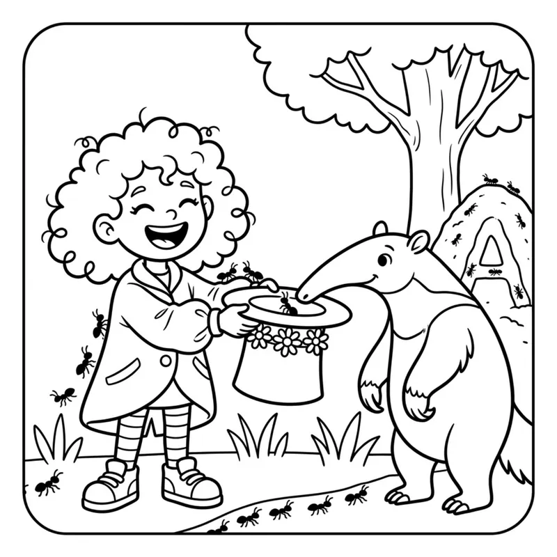 Coloring page: a hungry anteater sniffs a line of ants marching into Tilly's hat. An anthill is shaped like a letter A.
