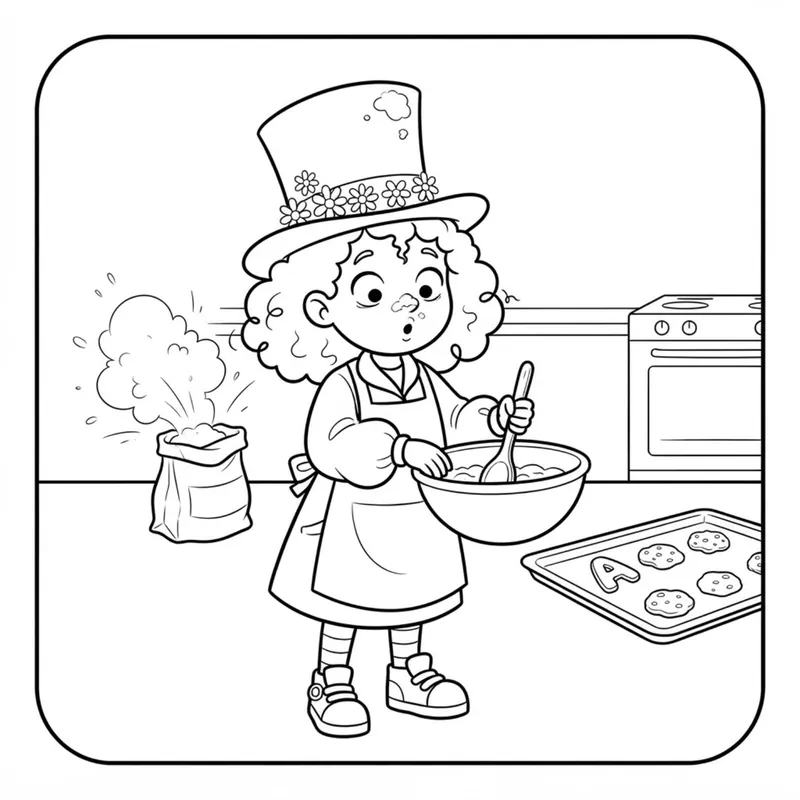 Coloring page: Tilly in an apron stirs cookie dough in the kitchen as a flour bag puffs. The cookies on the tray include a letter A.