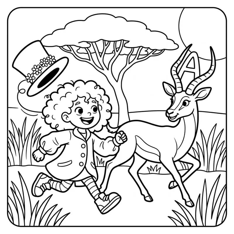 Coloring page: Tilly races an antelope across the savanna as her hat flies off. A letter A peeks out between the antelope's horns.