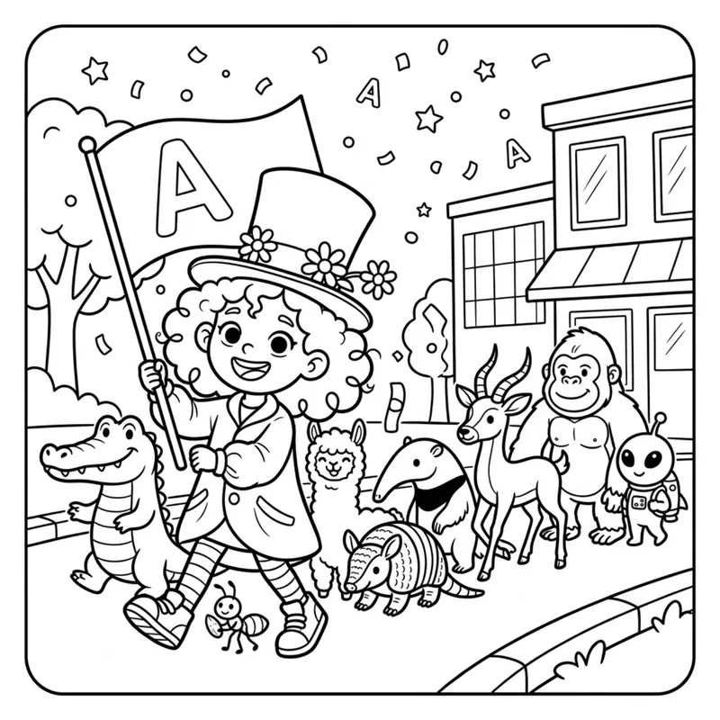 Coloring page: Tilly leads a letter A parade with a flag, followed by her A friends: the alligator, ant, alpaca, anteater, armadillo, antelope, ape and alien.