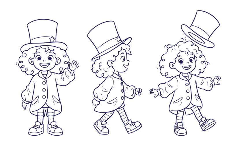 Black-and-white drawings of Tilly from three angles: waving, walking, and with her top hat popping off.