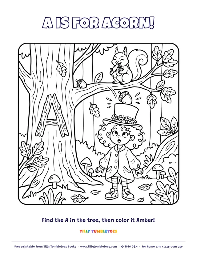 Preview of the free A is for Acorn printable: Bonk! An acorn lands on Tilly's hat while a squirrel giggles. The A is hiding in the tree.