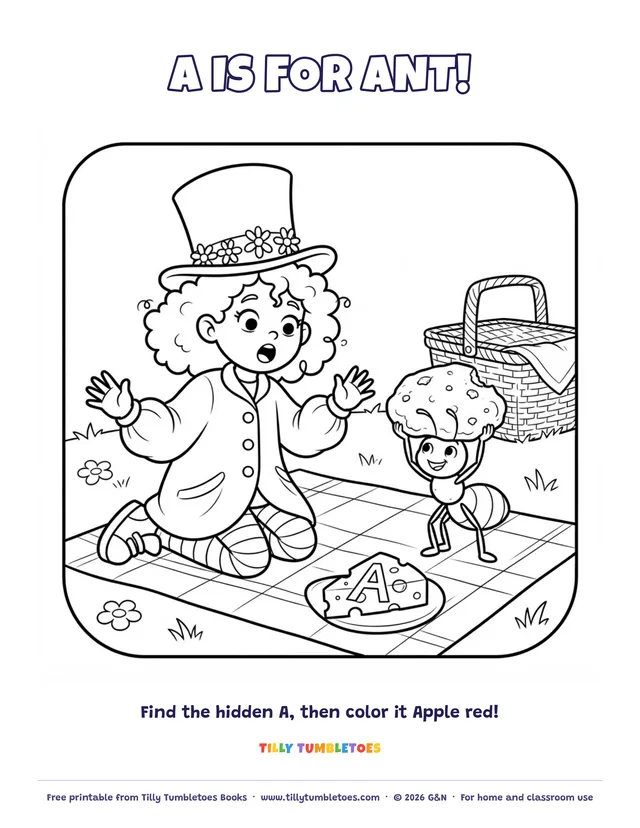 Preview of the free A is for Ant printable: A super-strong ant lifts a muffin at Tilly's picnic. Can you find the hidden A?