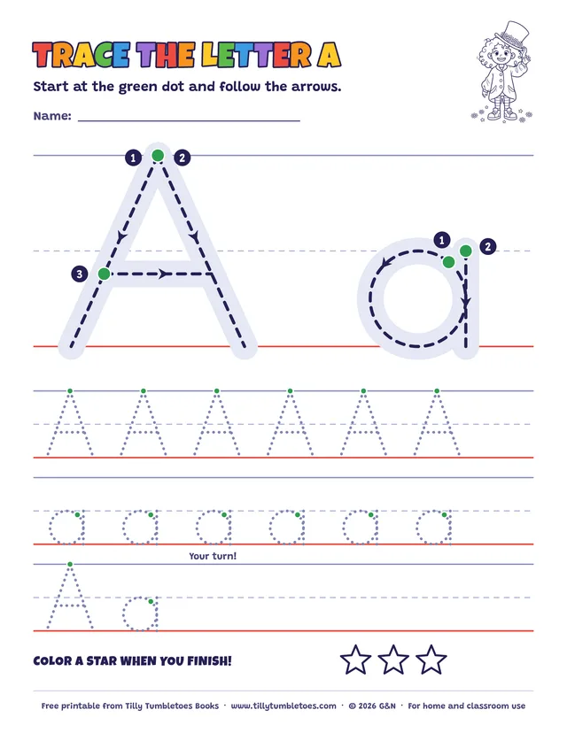 Preview of the free Letter A Tracing Sheet printable: Big A and a with numbered start dots and arrows, plus handwriting lines for practice.